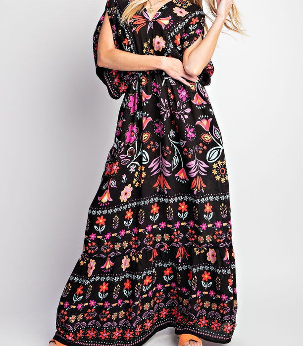 Dolman Sleeve Black Floral Maxi Dress